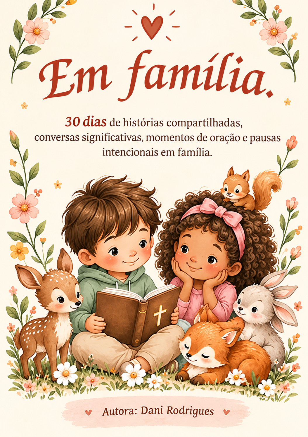 Capa do devocional Em família, com duas crianças lendo a Bíblia entre animais e flores